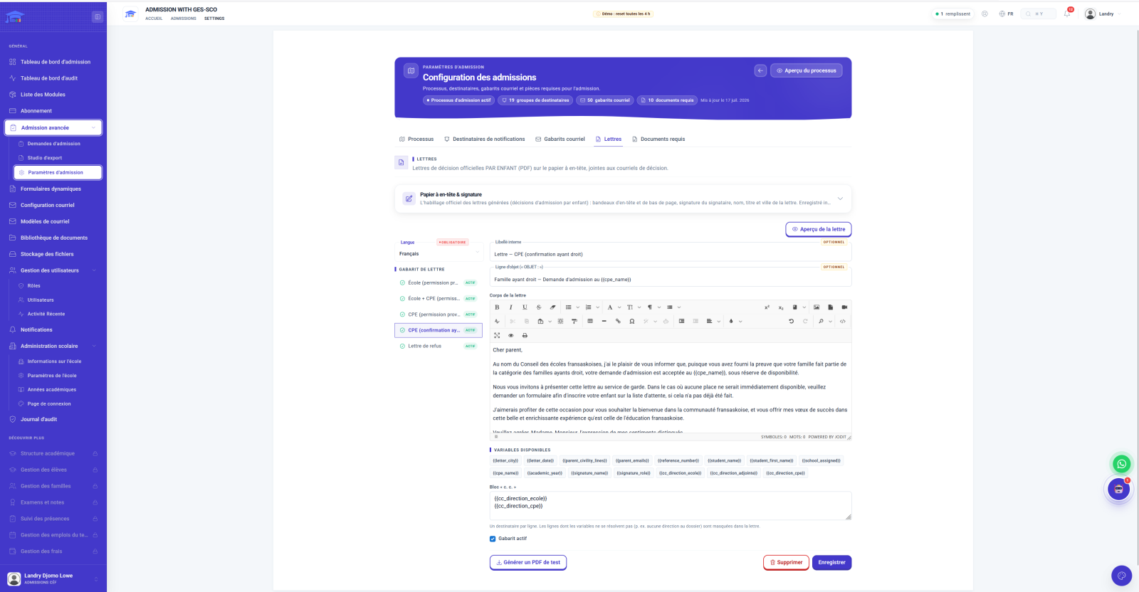 Screen, letter templates