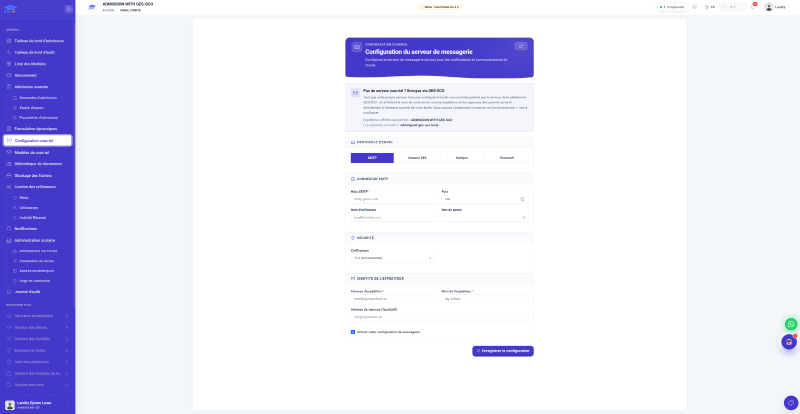 Screen, email configuration