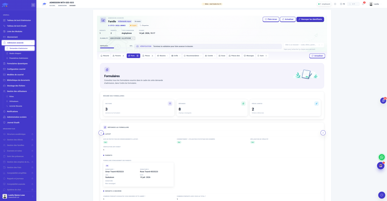 Screen, submitted forms