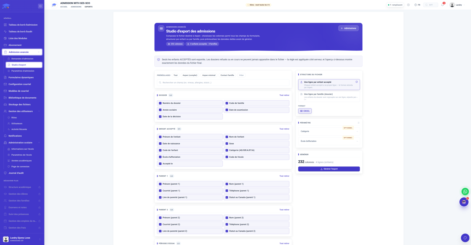 Screen, admissions export studio