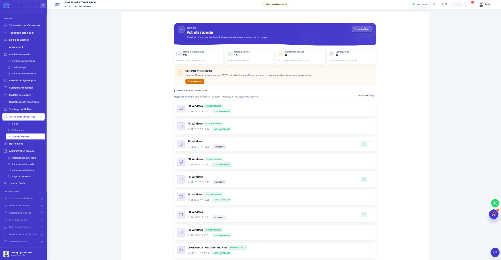 Screen, recent activity