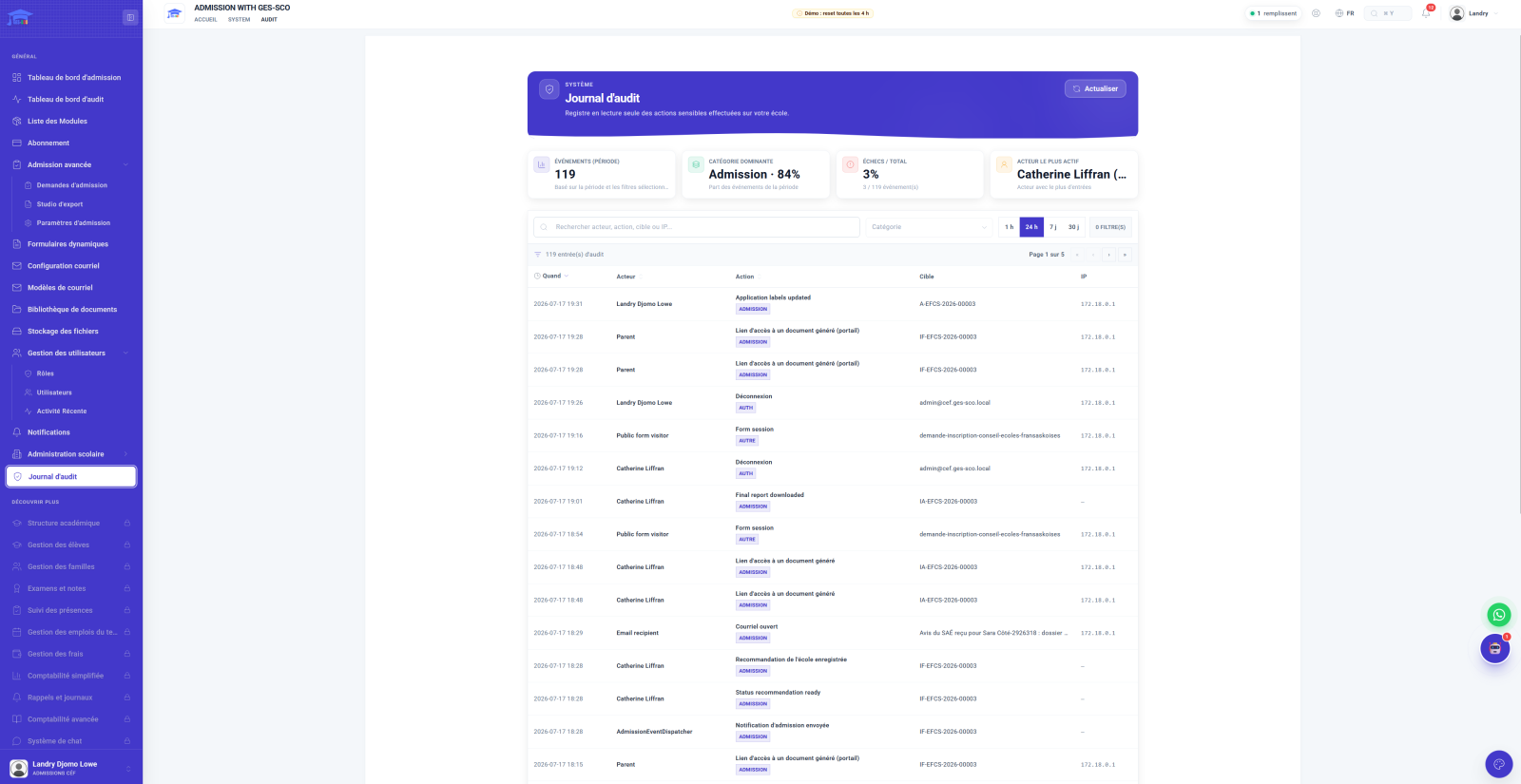 Screen, audit log