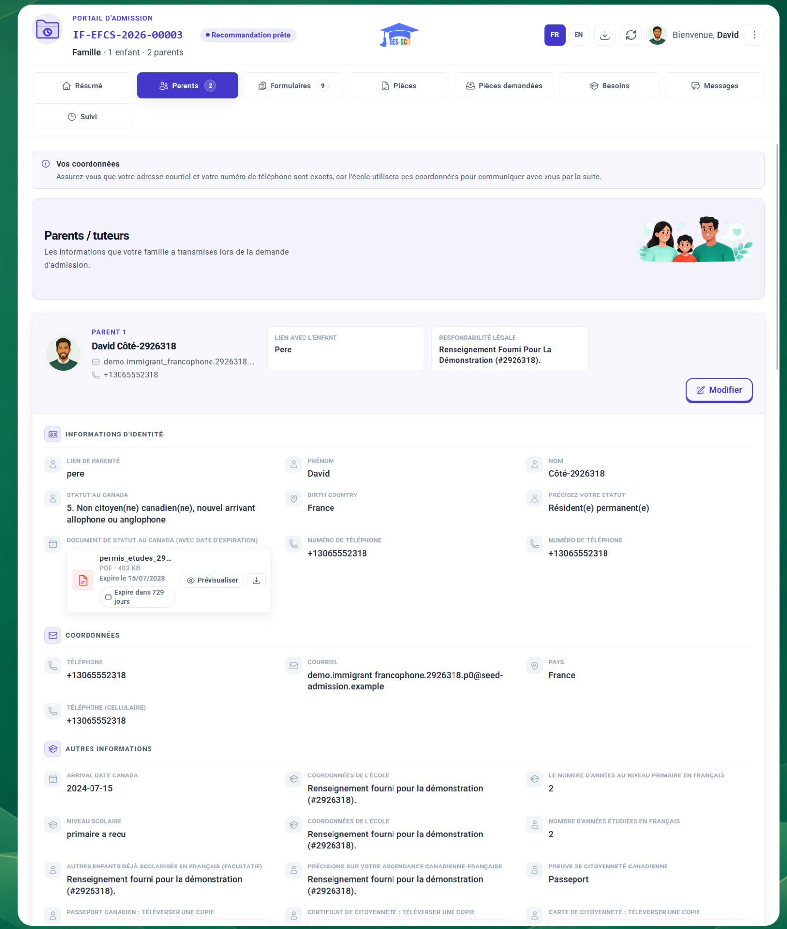 Portal, parent contact details