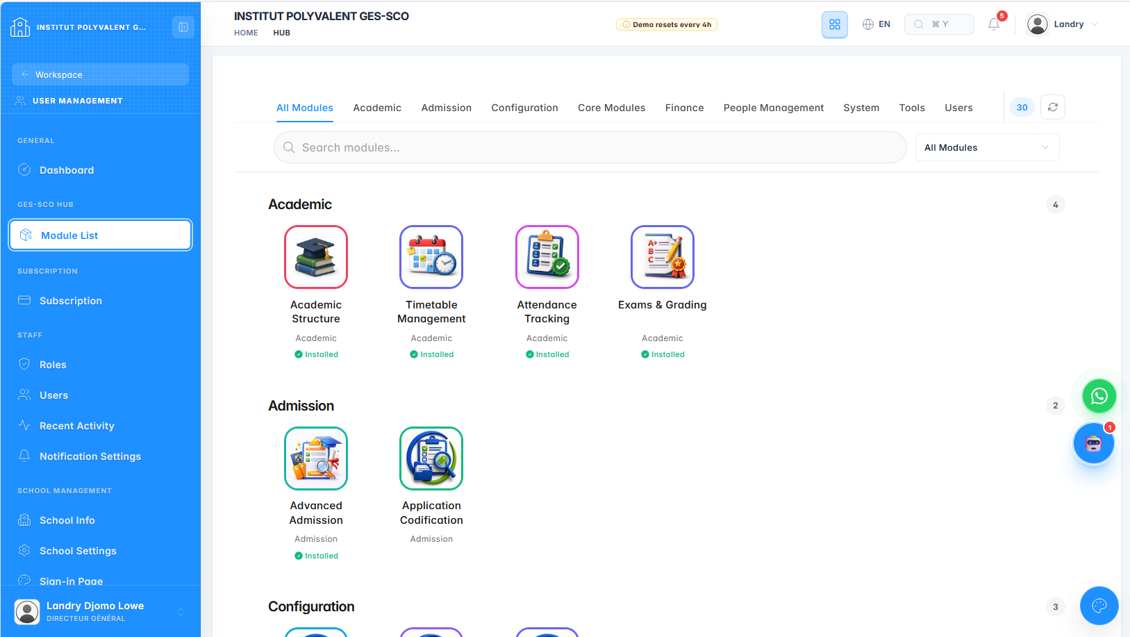 GES-SCO module hub gathering the school management apps
