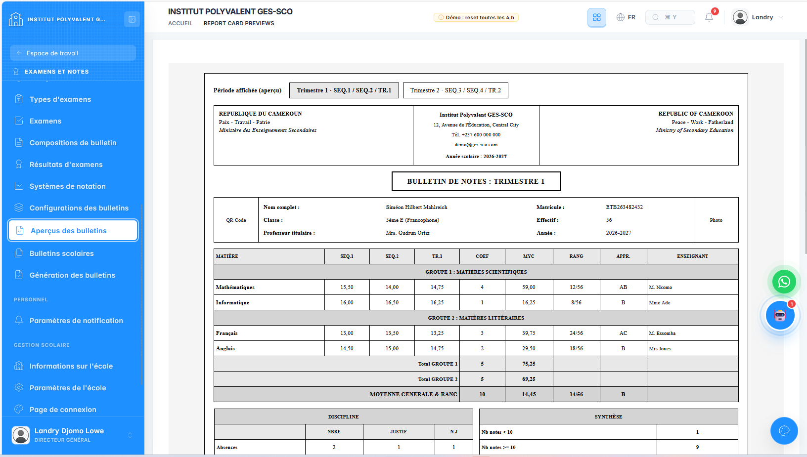 Preview of a bilingual report card generated by GES-SCO