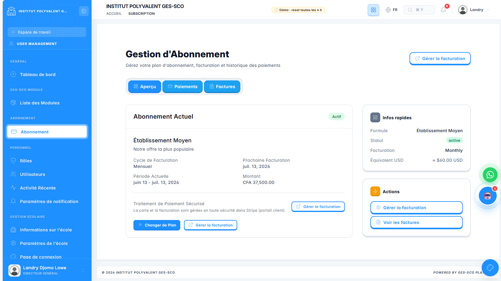 Subscription and billing management screen in GES-SCO