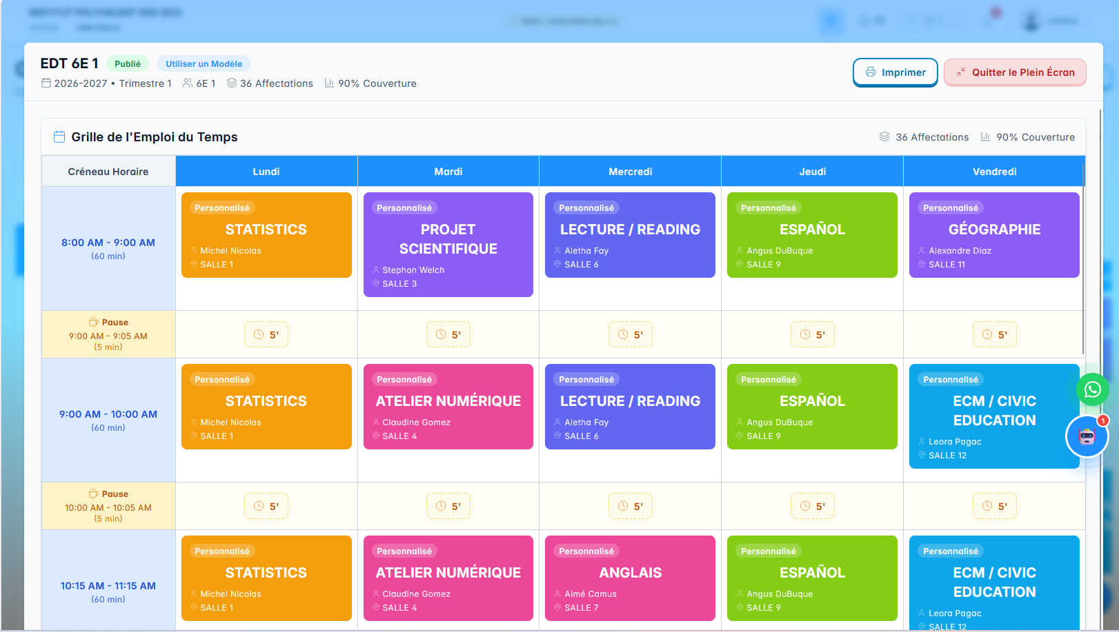 Colour-coded class timetable grid in GES-SCO